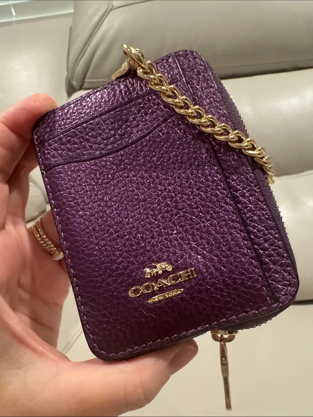 Coach Purple Pebbled Leather Card Case with Gold Chain Accent-HTF color!